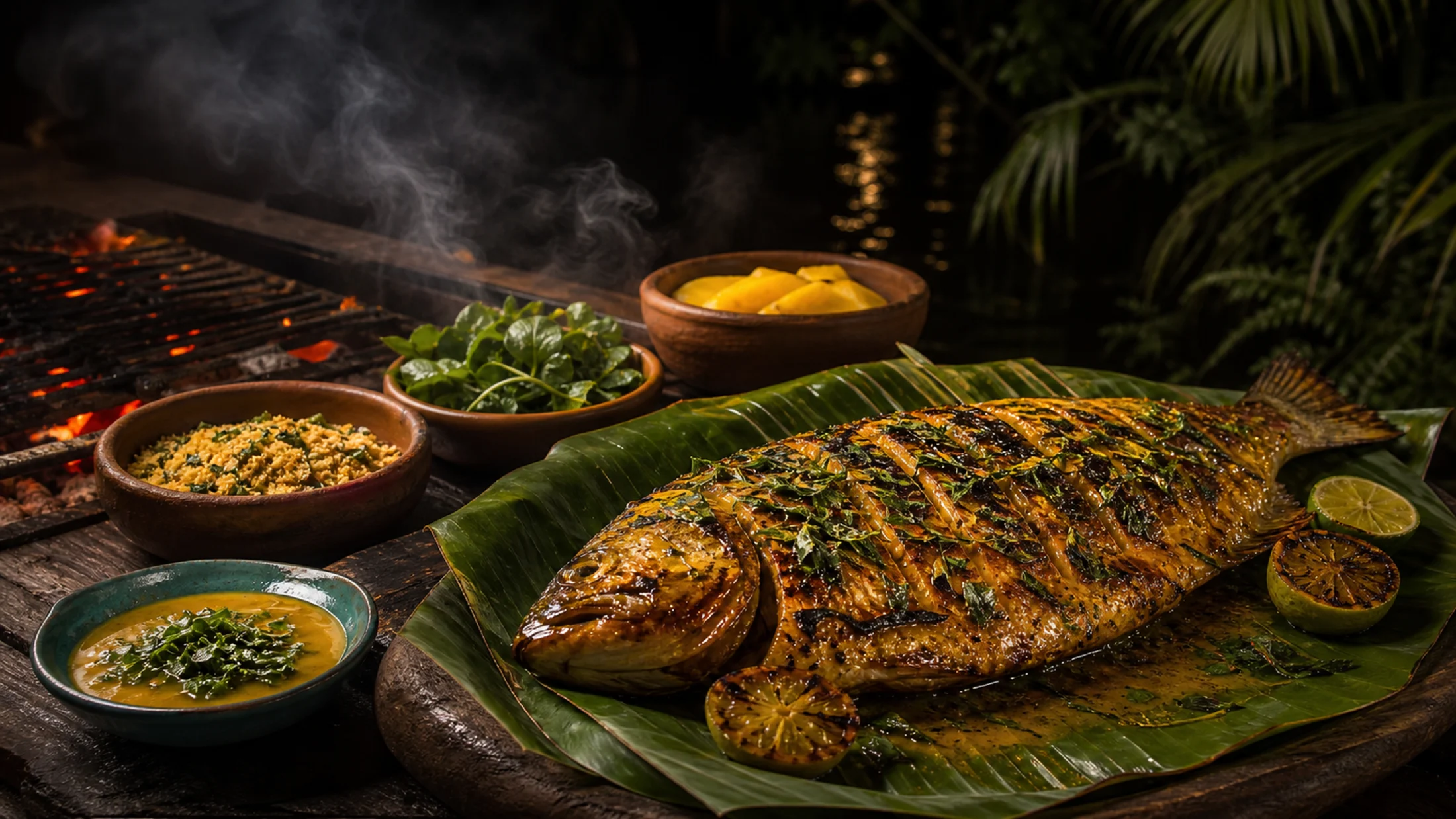 Peixe amazônico inteiro na brasa servido em folha de bananeira com molho de tucupi
