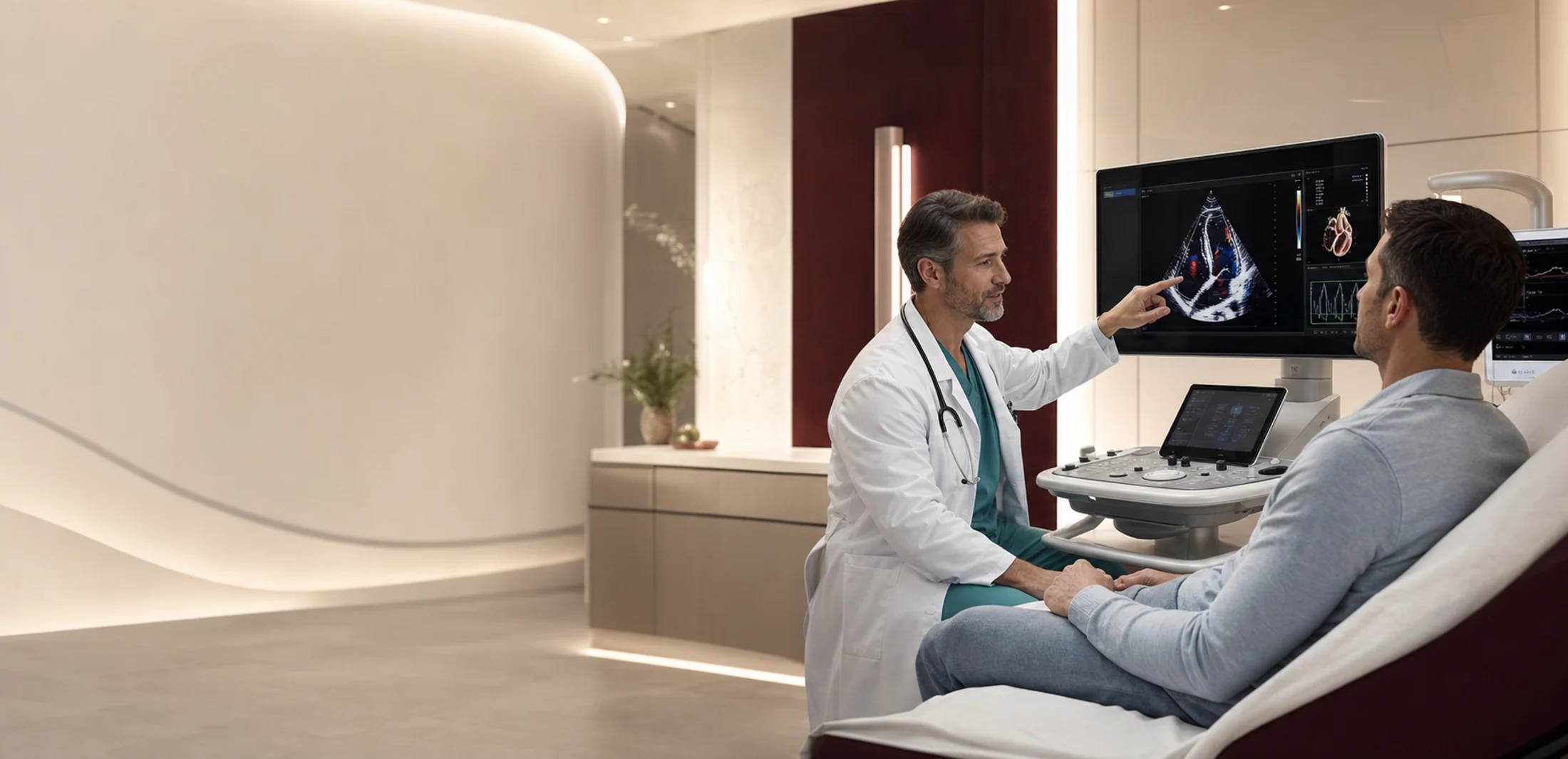 Cardiologista apresenta exame de imagem cardíaca em uma suíte diagnóstica premium