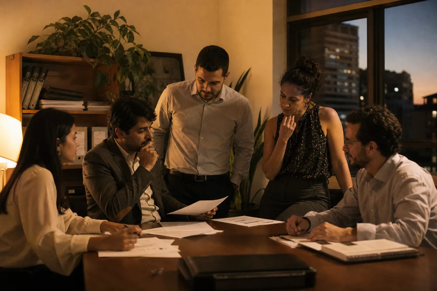 Equipe da DCR reunida em torno da mesa analisando documentos no fim do dia