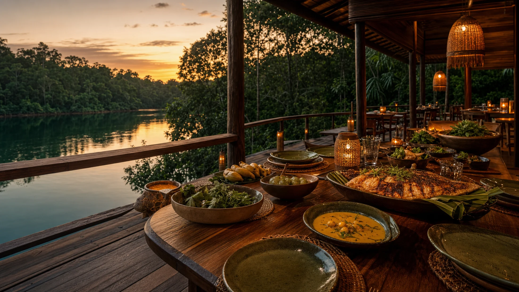 Mesa de restaurante amazônico em deck de madeira à beira do rio durante o pôr do sol