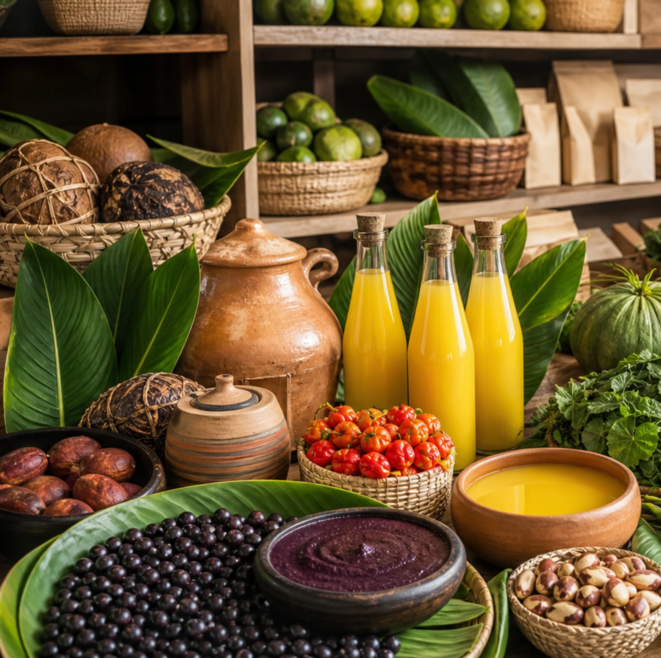 Banca premium com ingredientes amazônicos, folhas, tucupi, castanhas e frutas regionais