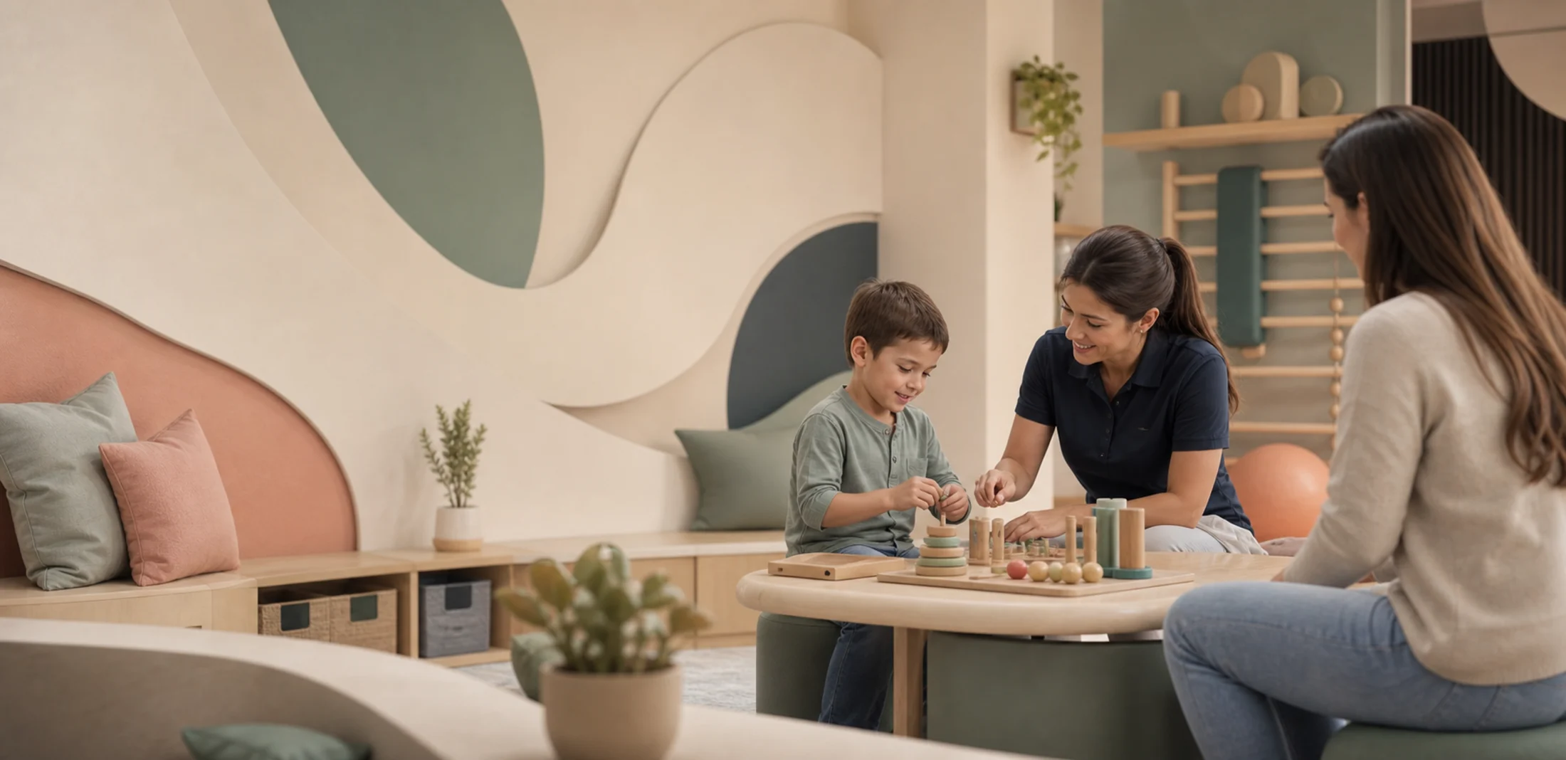Atendimento em clínica pediátrica premium com adulto e terapeuta organizando materiais de desenvolvimento infantil