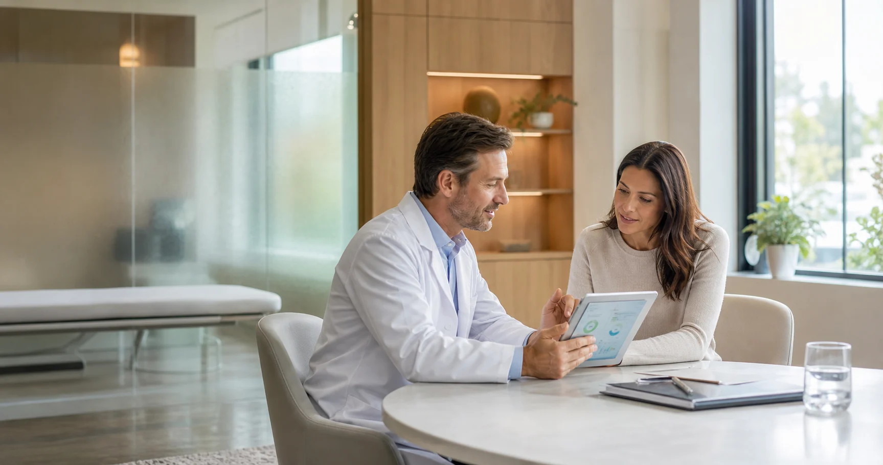 Médico e paciente revisando dados de saúde em uma clínica premium